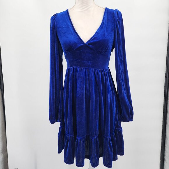 HALARA Deep V Neck Ruffled Hem Velvet Royal Blue Mini Party Dress XS NWT - Picture 2 of 12